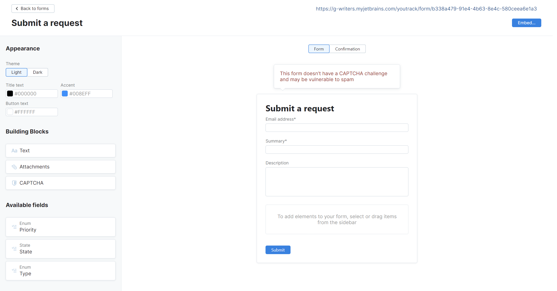 The interface for adding a new online form in a helpdesk project.