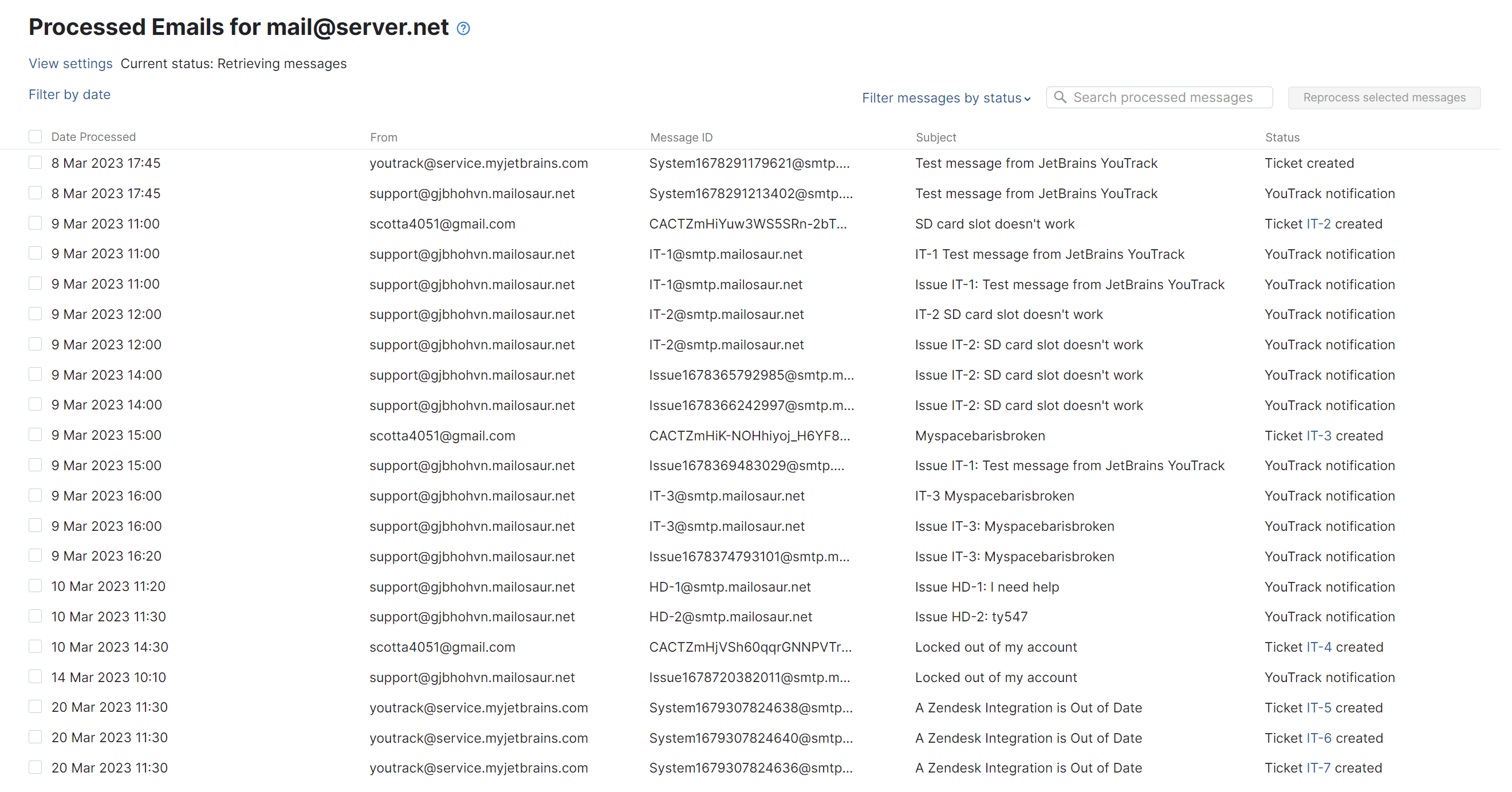 The list of processed email for an integrated mailbox.