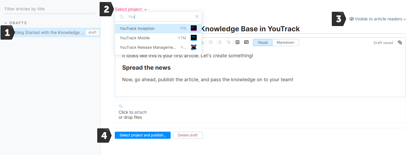 Steps for publishing an article in the knowledge base.