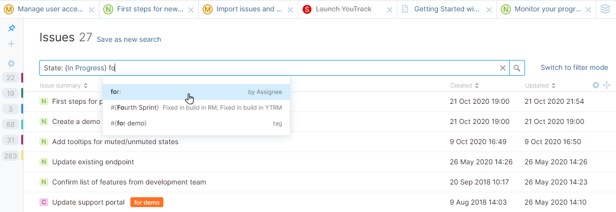 Query mode in YouTrack Lite.