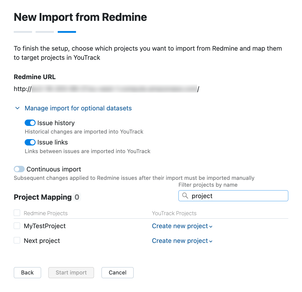 Confirm settings and start import