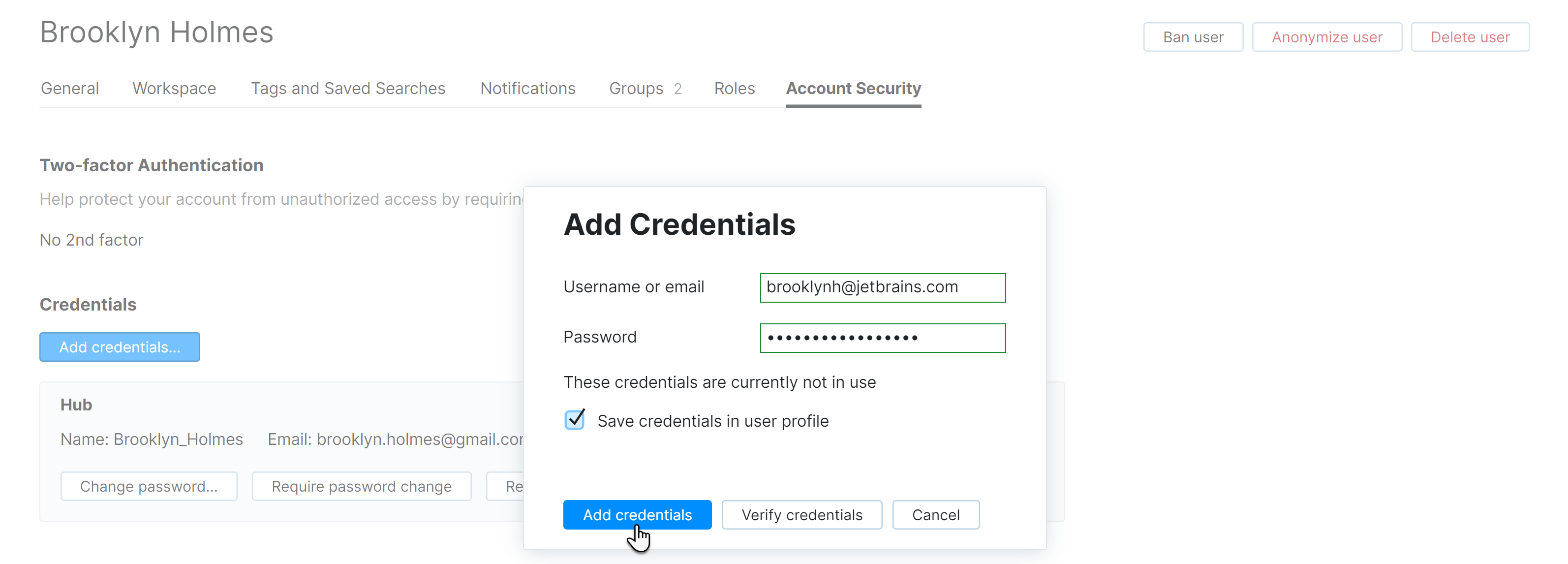 Save credentials as hub login