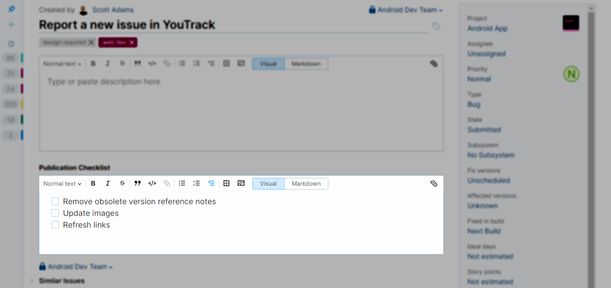 Field for storing supplemental text in YouTrack Lite.