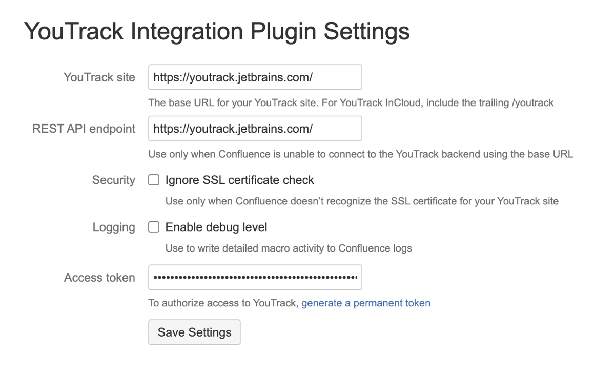 YouTrack Integration plugin settings.