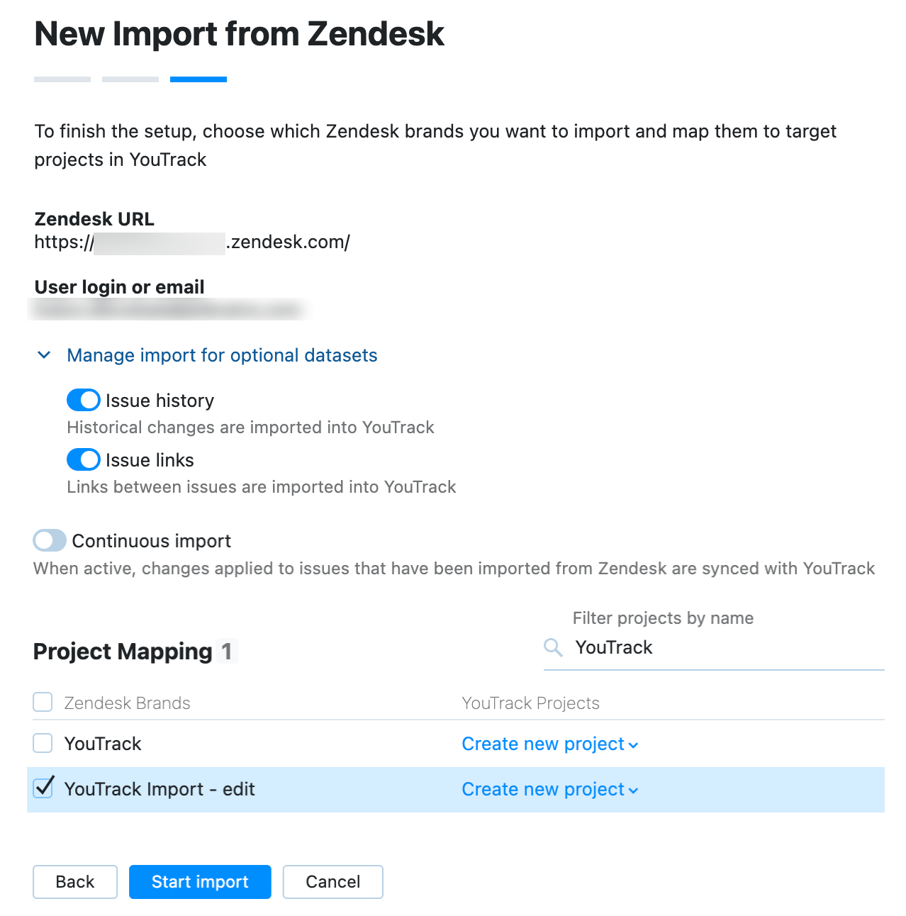 Confirm settings and start import