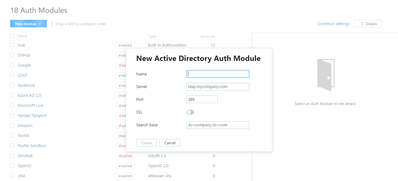 Active directory auth module dialog