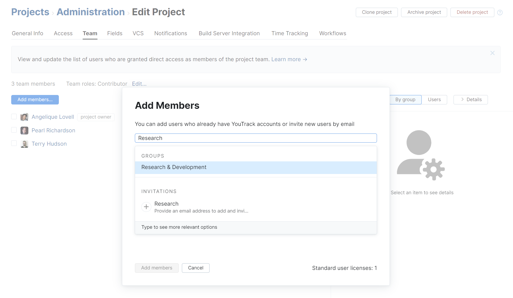 Options for adding groups to a project team.