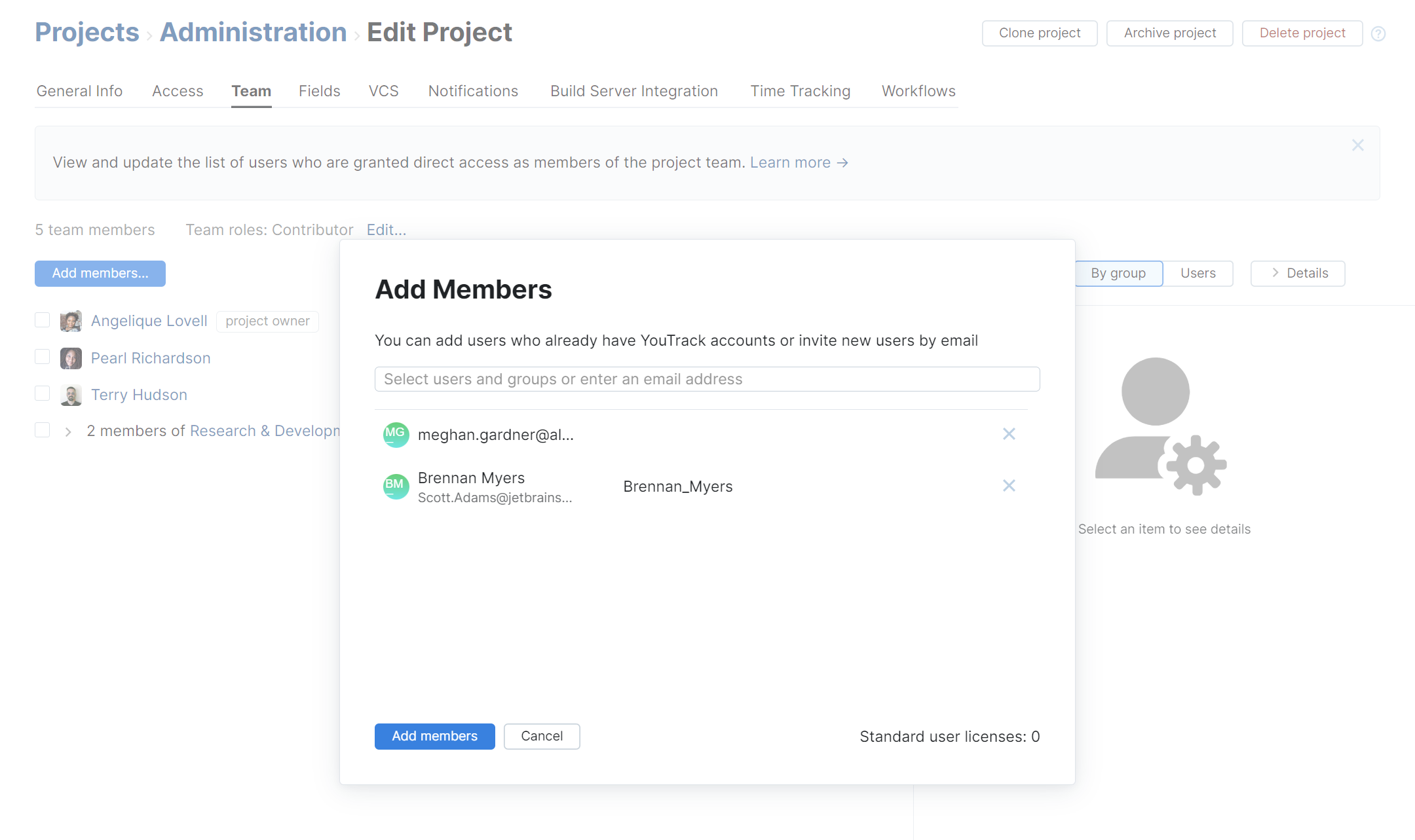 Options for adding users to a project team.