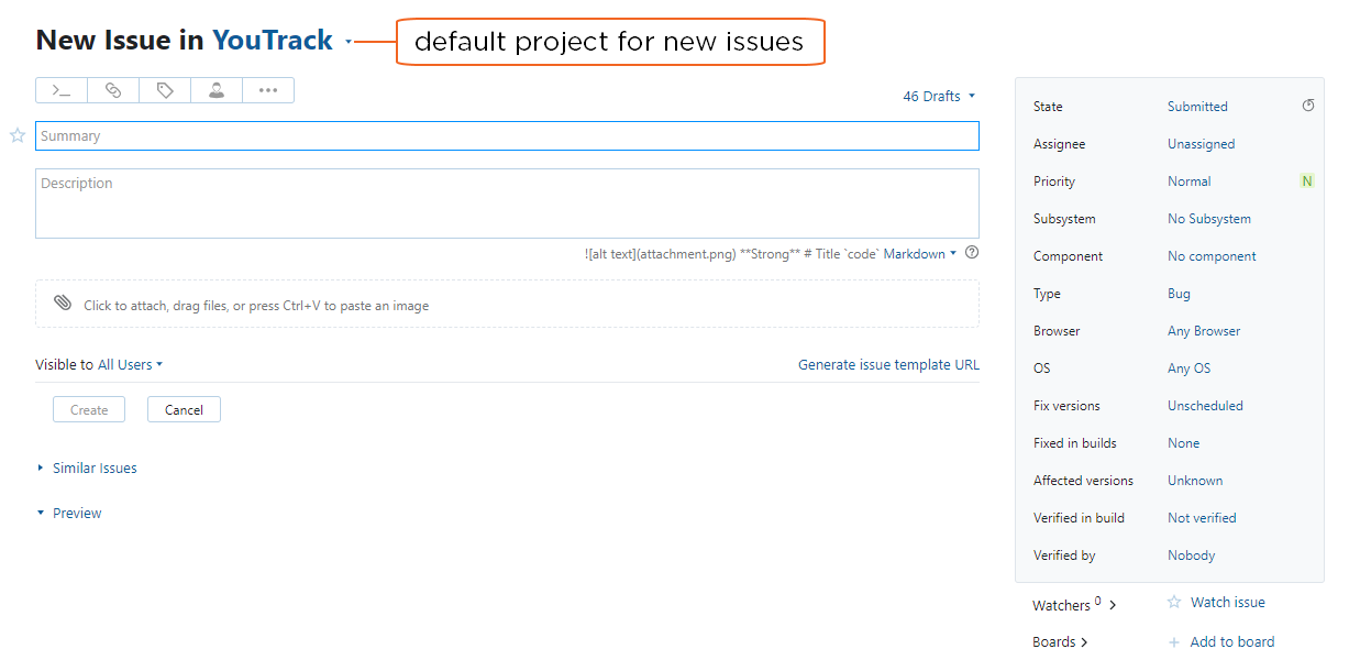 default project for new issue