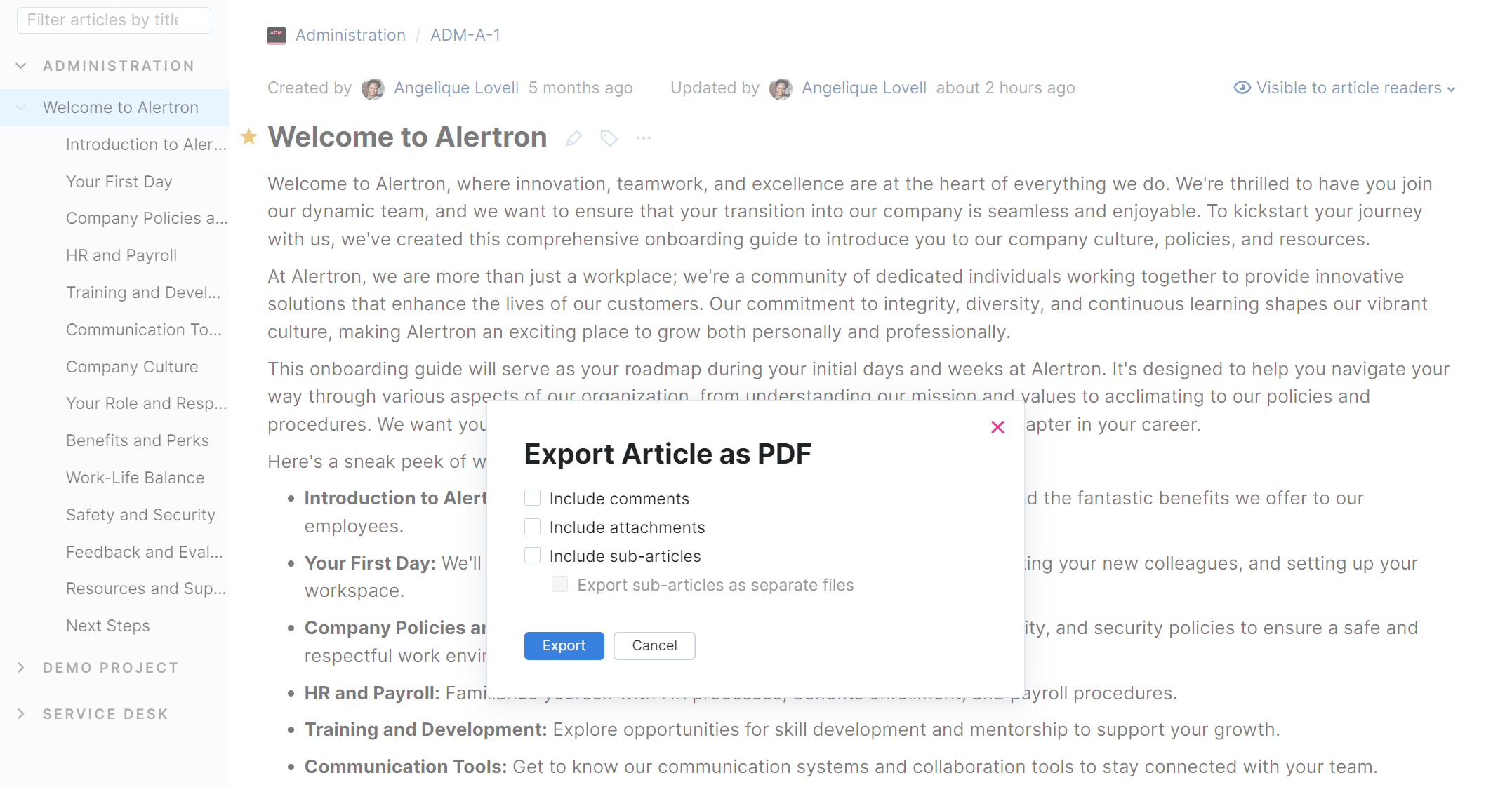 The Export Article as PDF dialog.