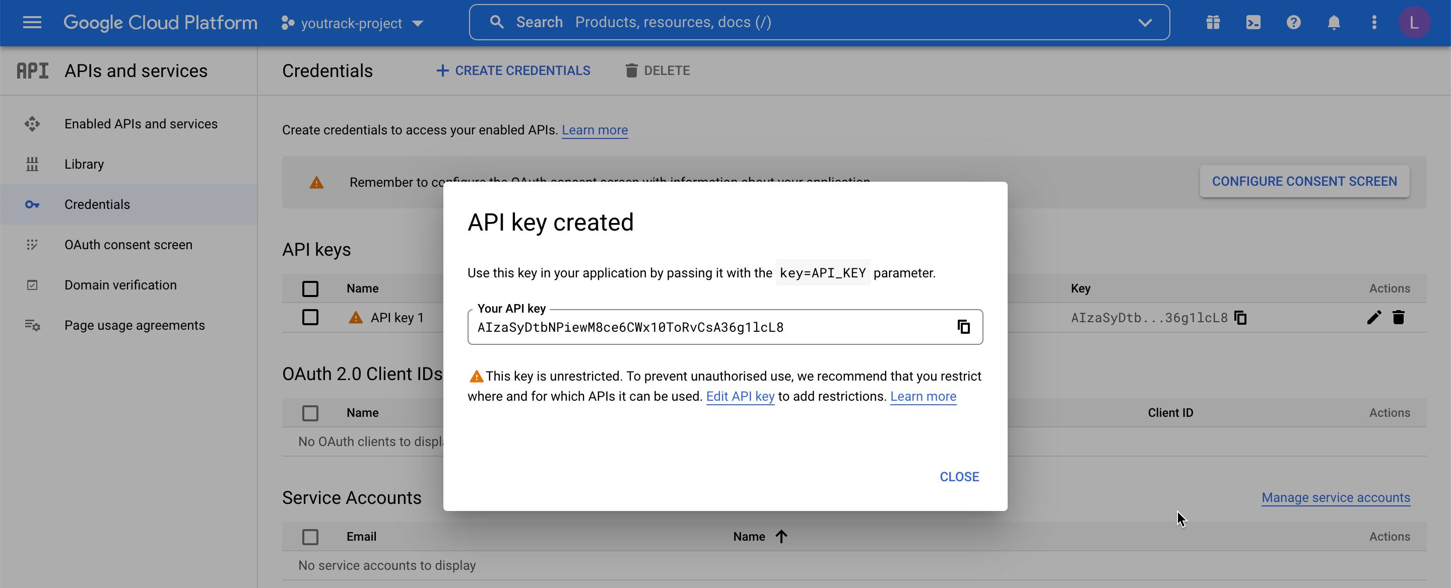 The API key in Google Sheets