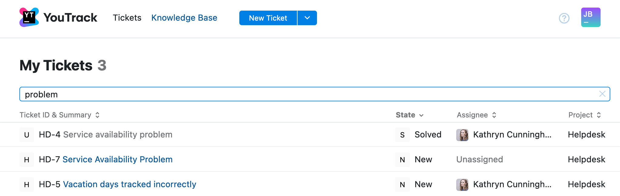 Type keywords to filter tickets