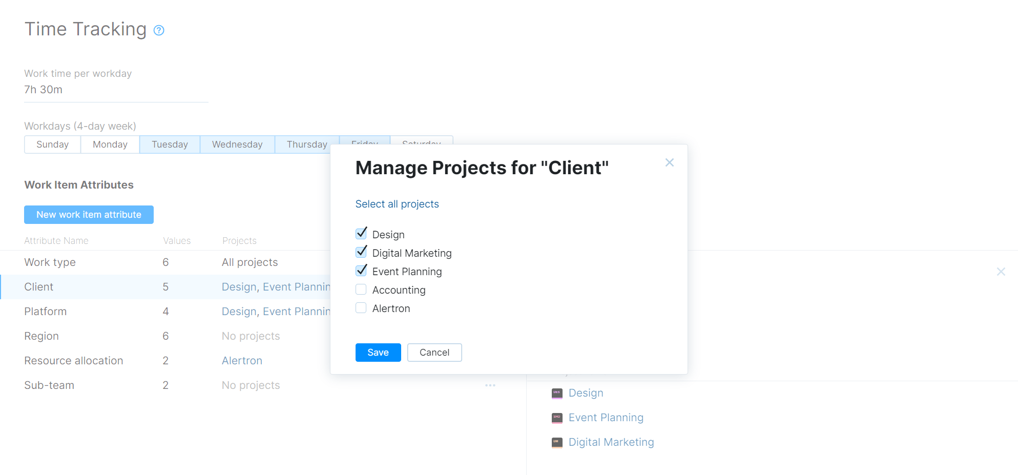 Interface for managing project assignments for a work item attribute.