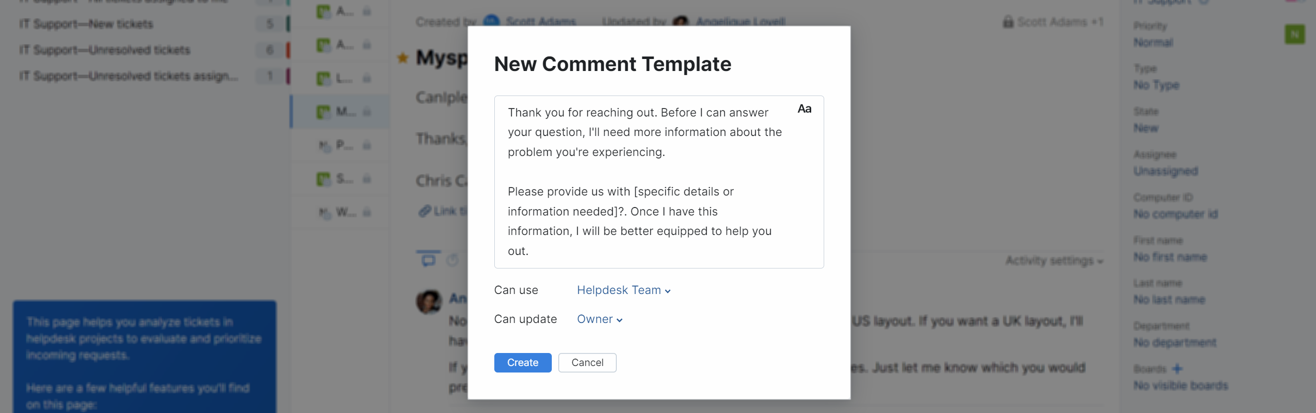The New Comment Template dialog.