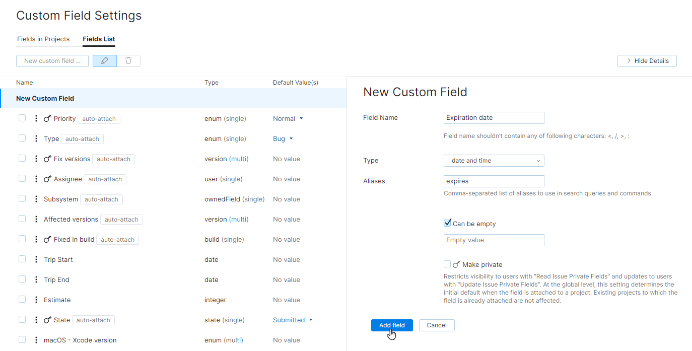 new custom field with simple type
