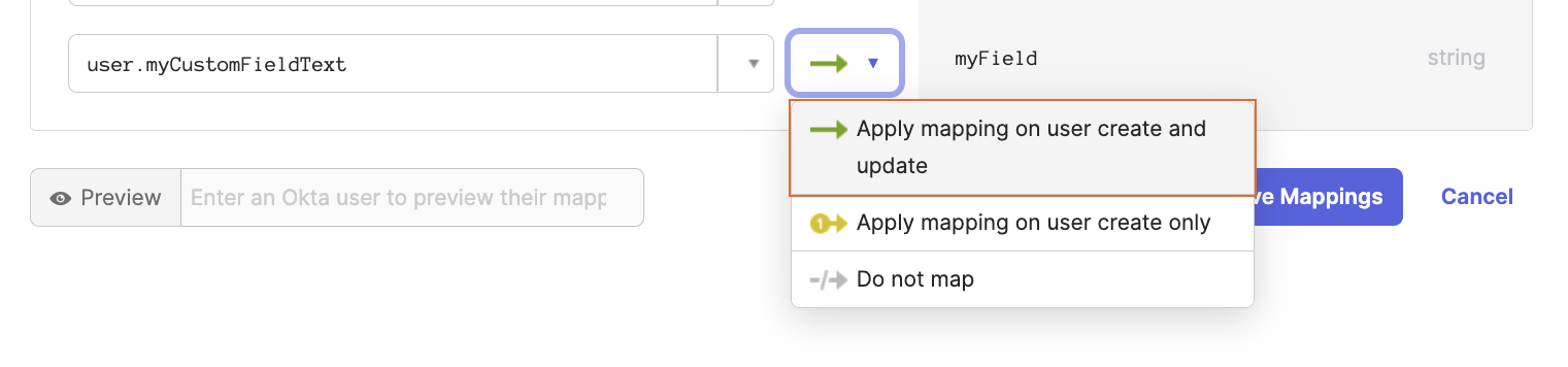 Push frequency options for attribute mappings in the Okta OAuth app.