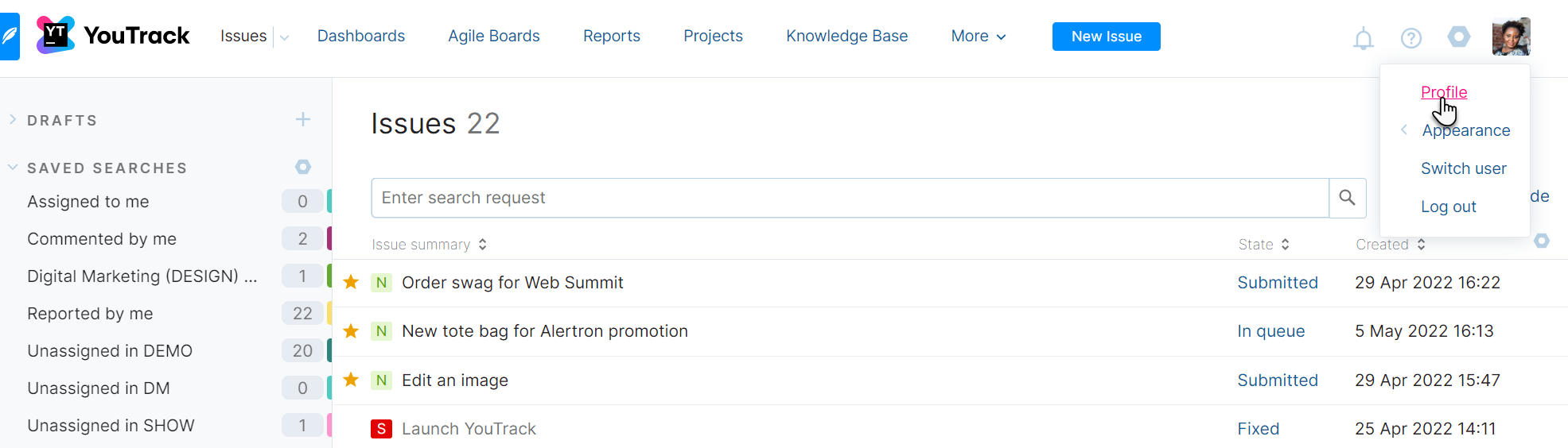 Menu option to open your profile page in YouTrack.