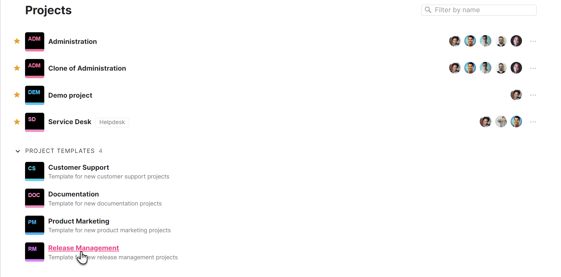 The Project Templates section of the project list.