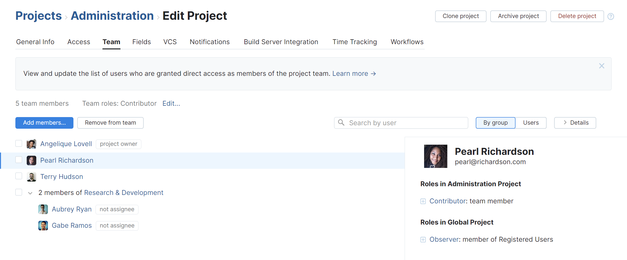 The interface for managing team membership in a YouTrack project.