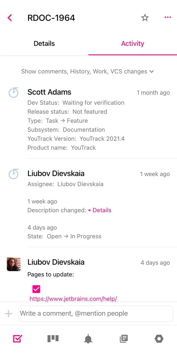 Activity tab for single issue in YouTrack Mobile. Activity tab for single issue in YouTrack Mobile.