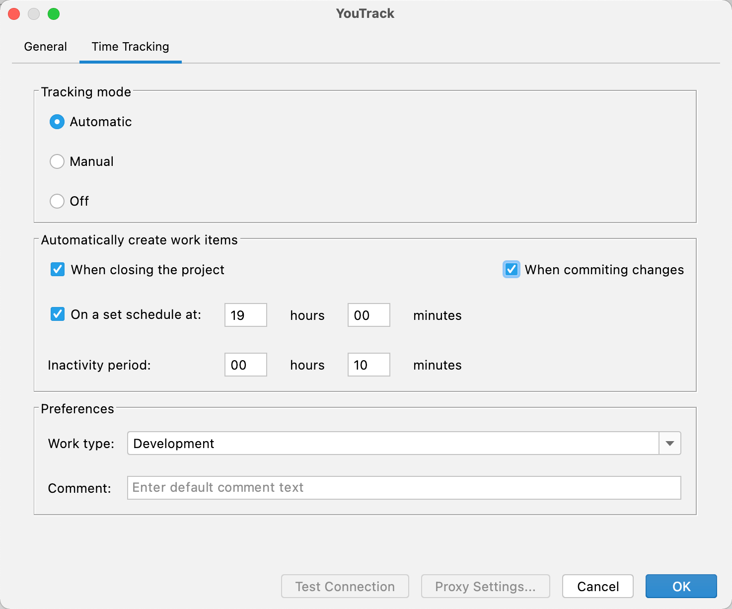 Time tracking settings in the plugin setup dialog.