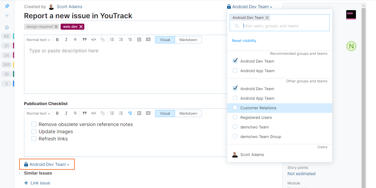 Issue visibility settings for new issues in YouTrack Lite.