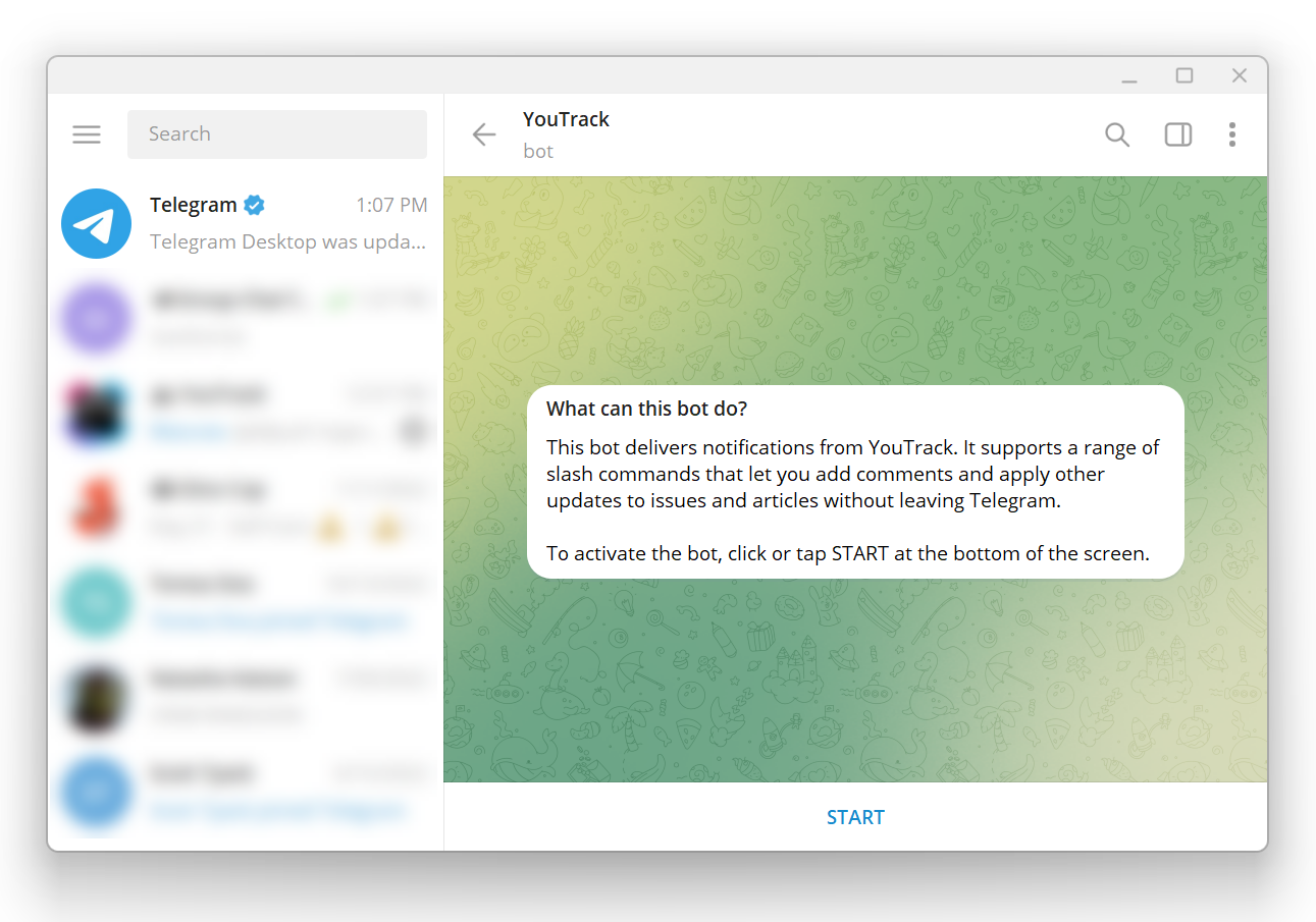 Confirmation message from the YouTrack bot in Telegram.
