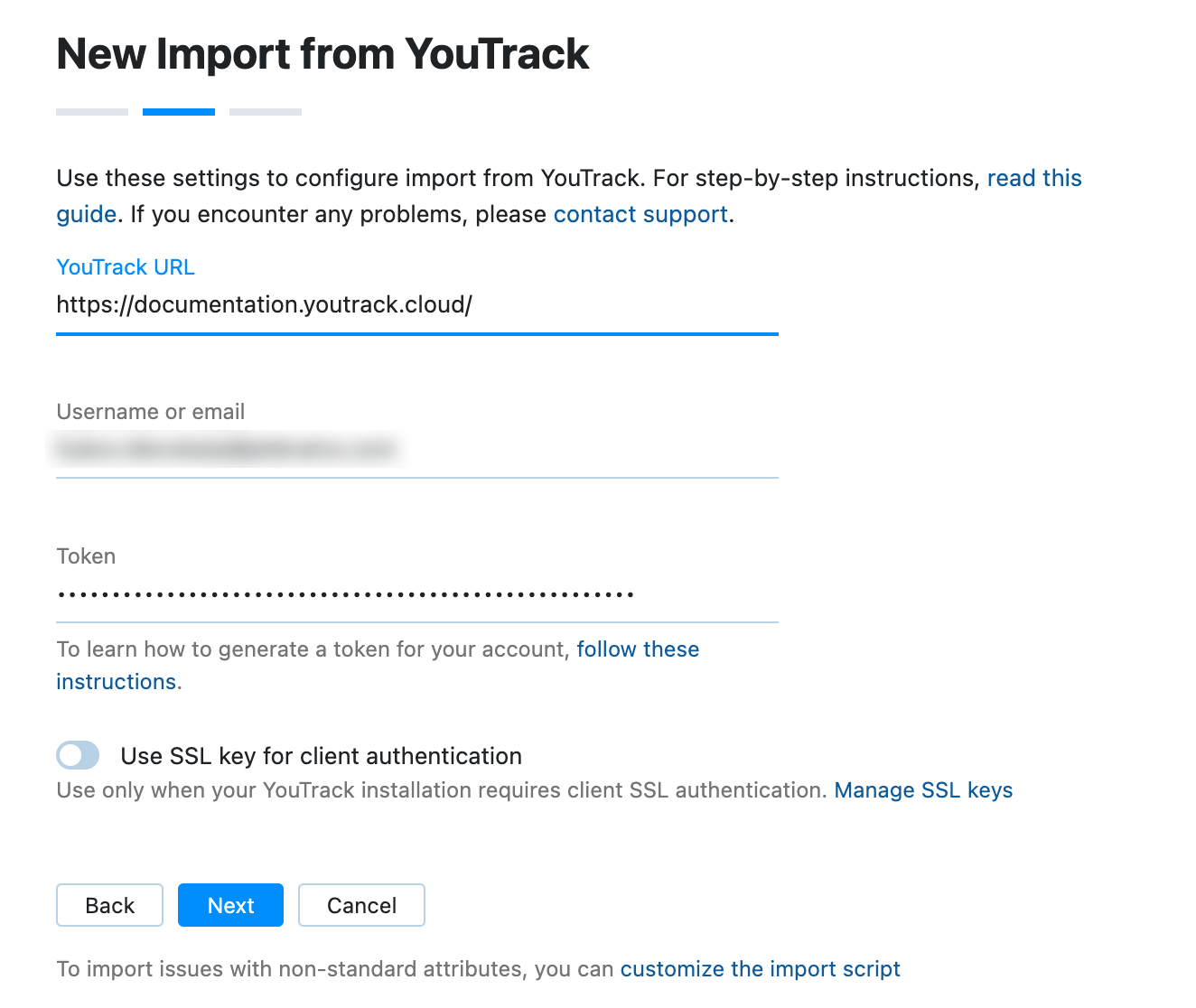 YouTrack import settings