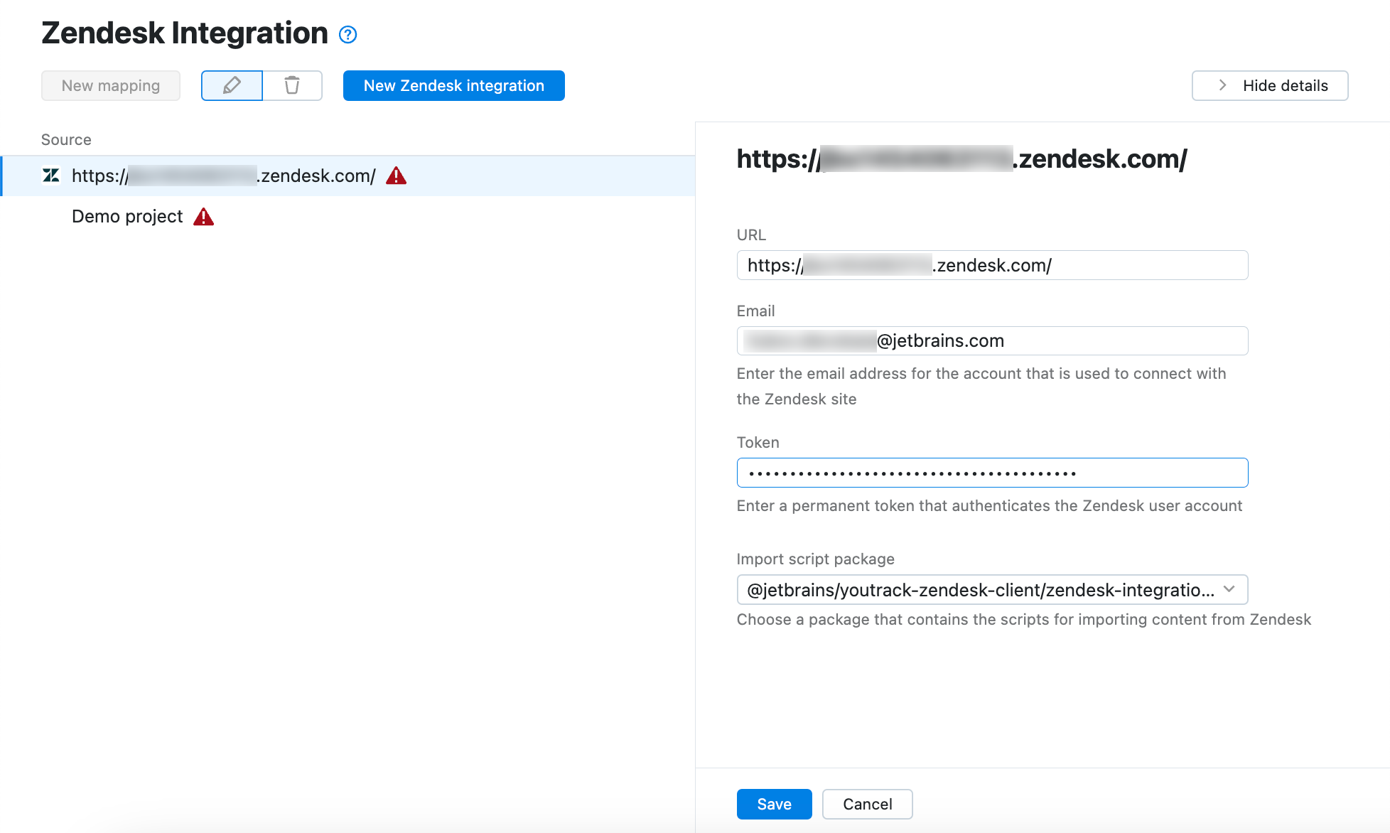 Connection settings for a Zendesk integration