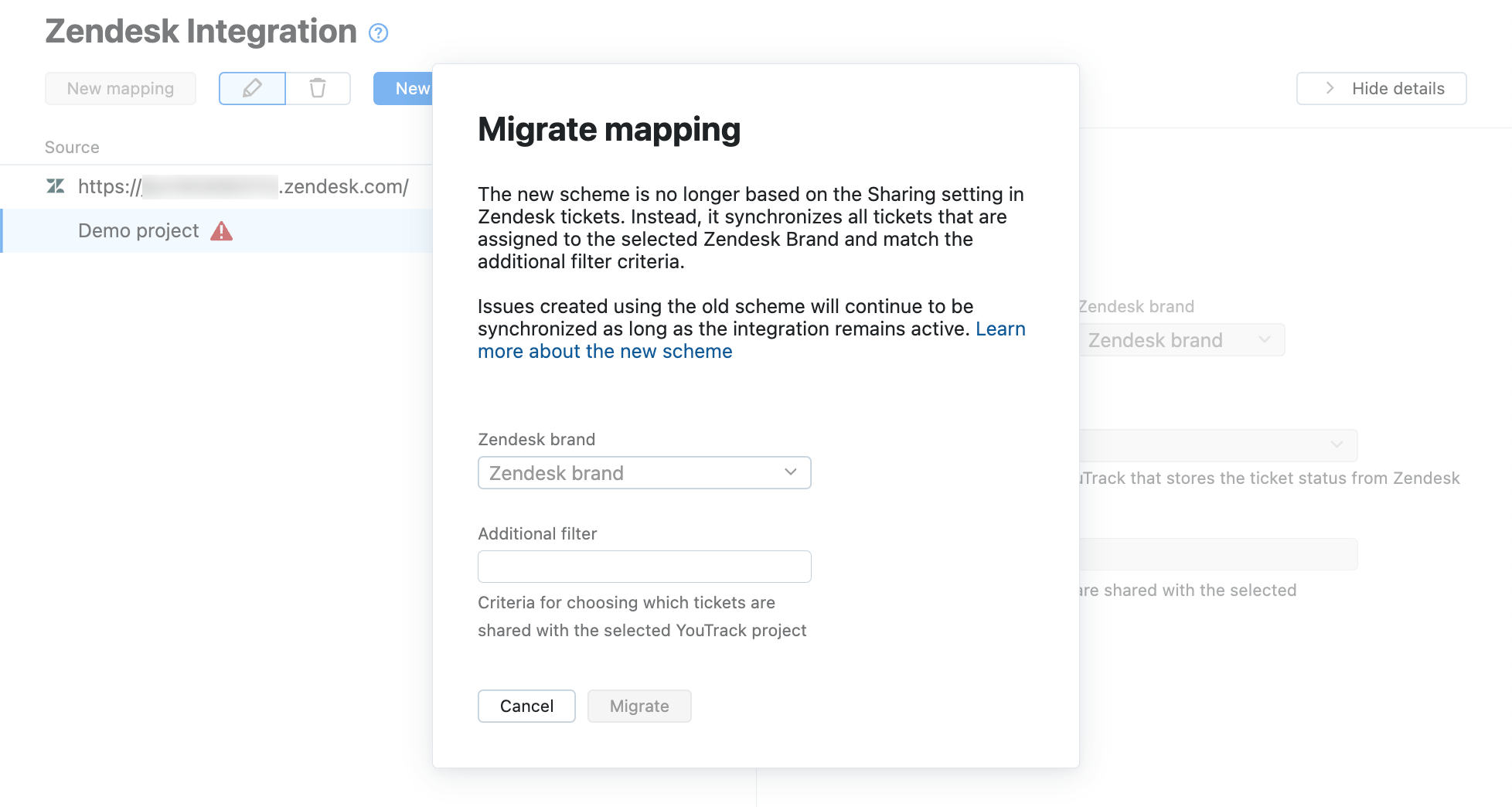 Migrate mapping dialog