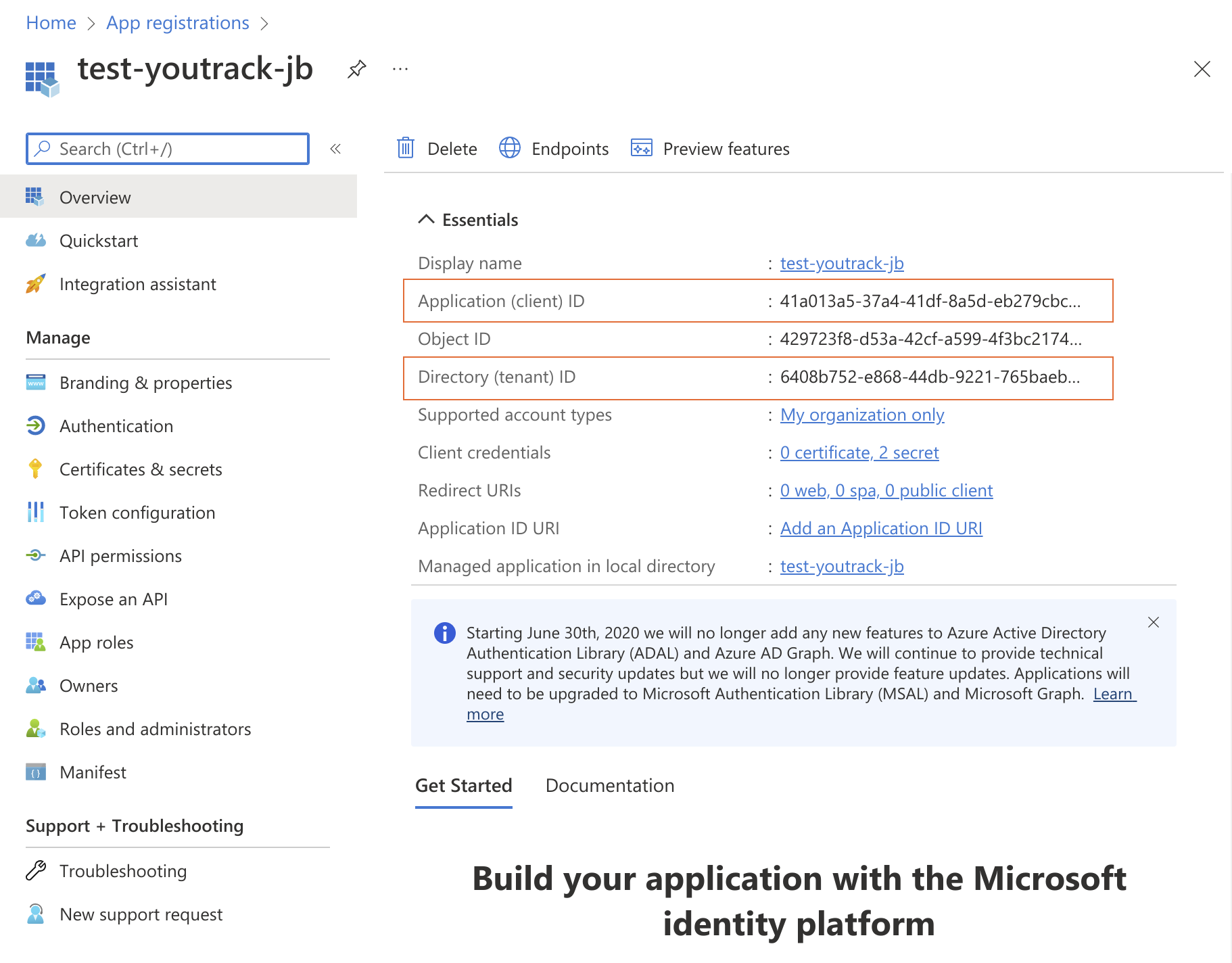 The Essentials section of a registered client application in Microsoft Azure.