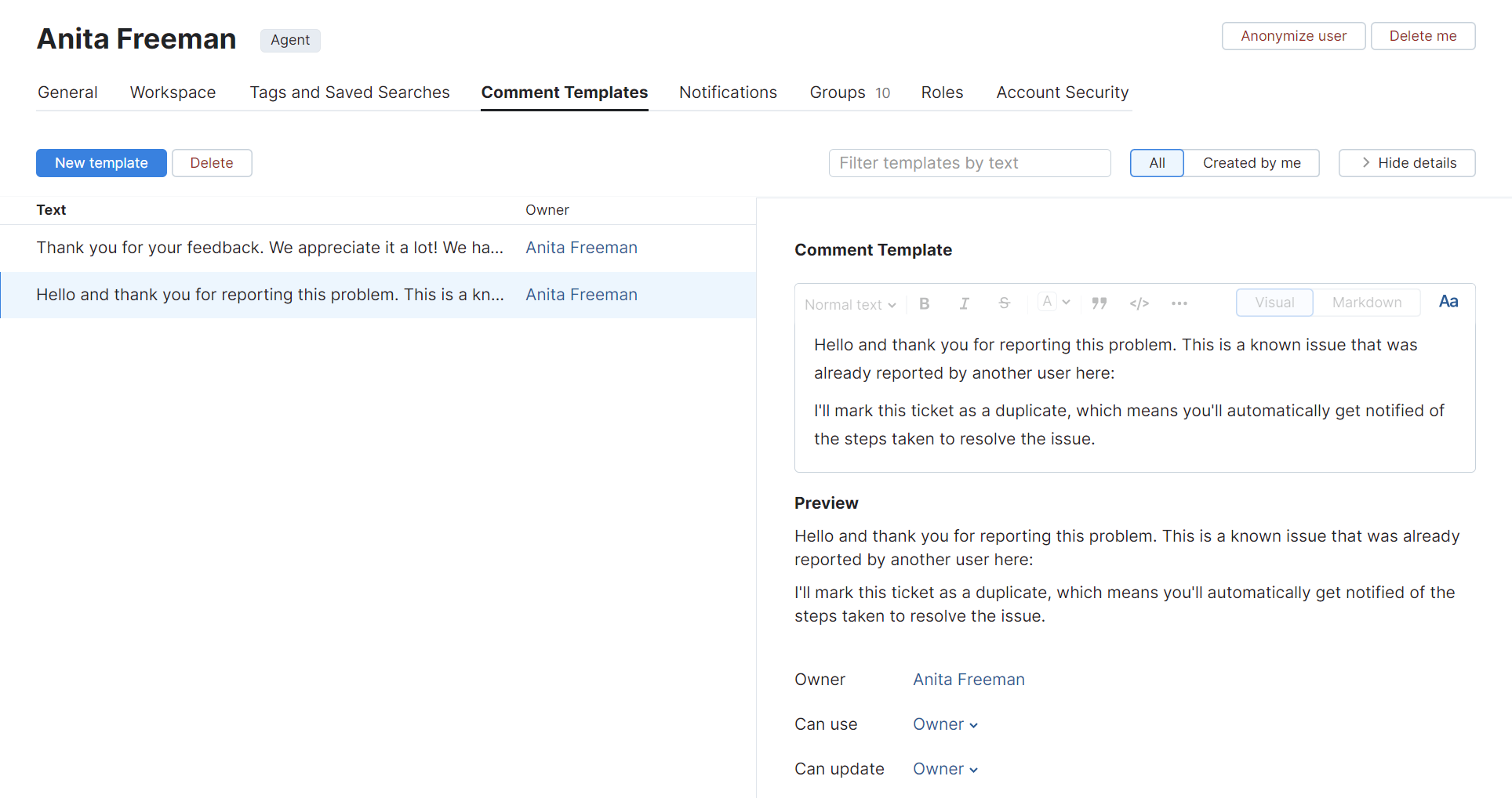 A list of comment templates in a YouTrack user profile.