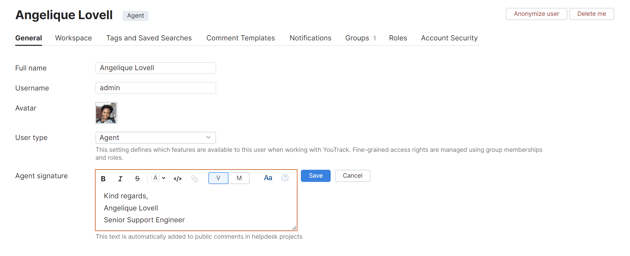 The Agent signature setting in an agent's YouTrack profile.
