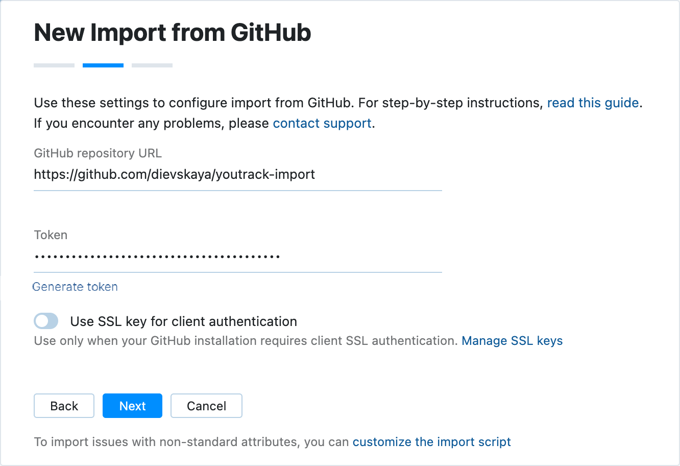 GitHub import settings