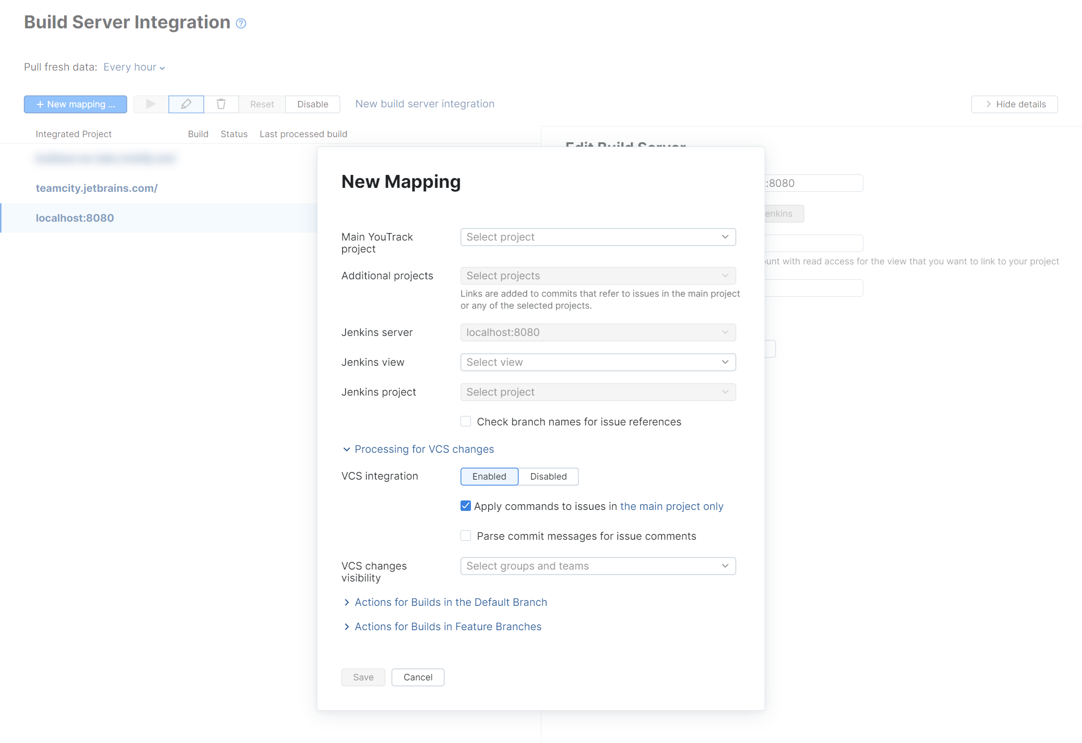 Mapping options for a Jenkins integration.