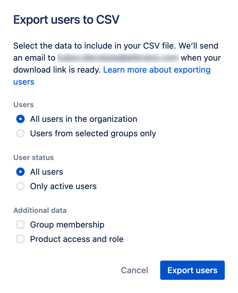 Select users to export page in Atlassian Administration.