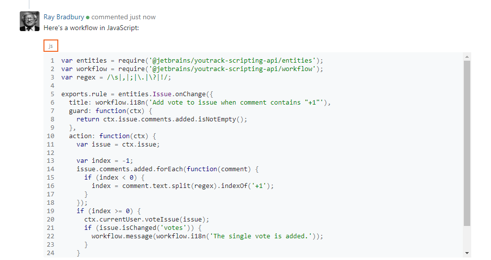 Fenced code block set as JavaScript.