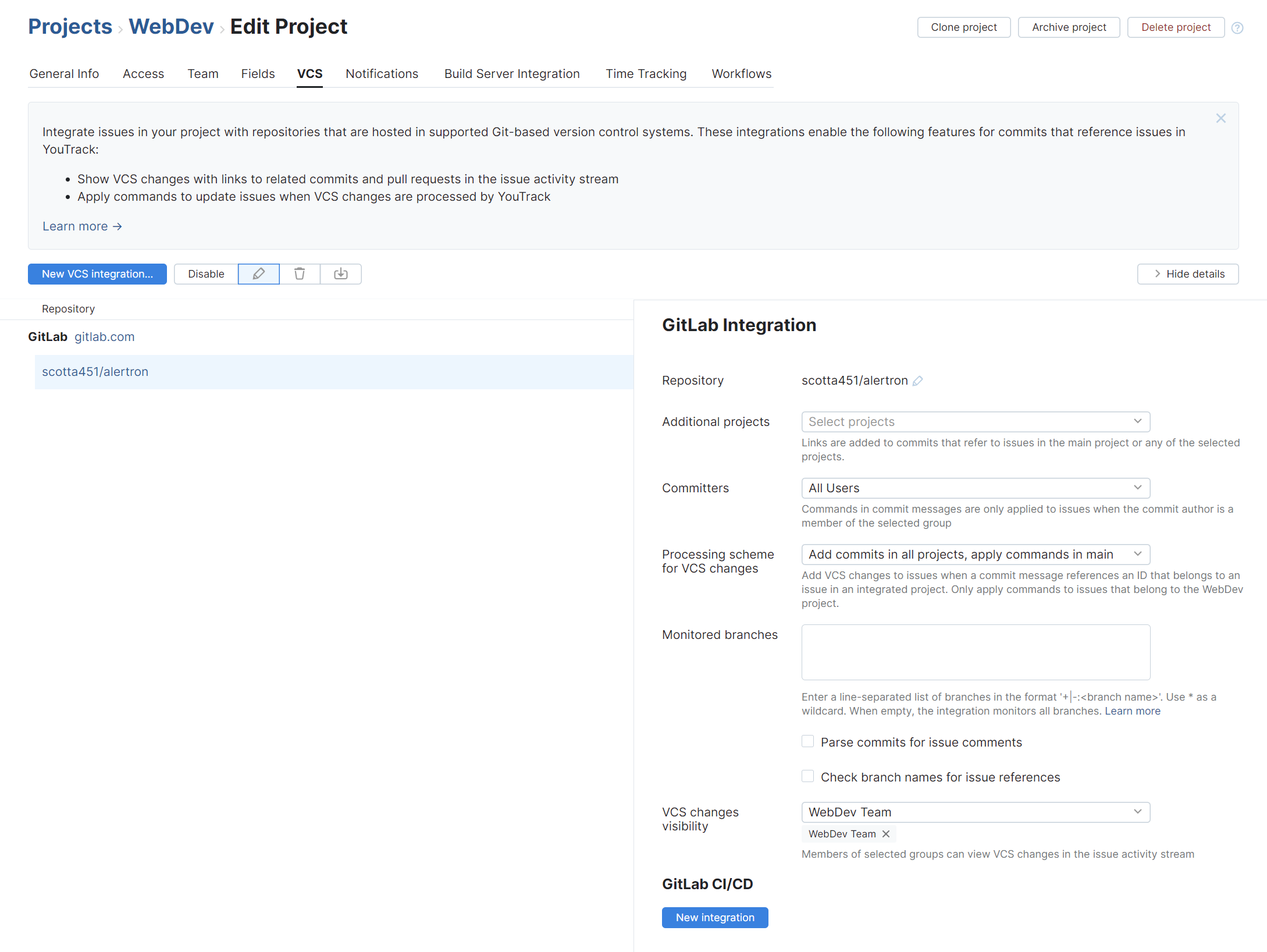 Link to access VCS integration settings from the Project Overview page.