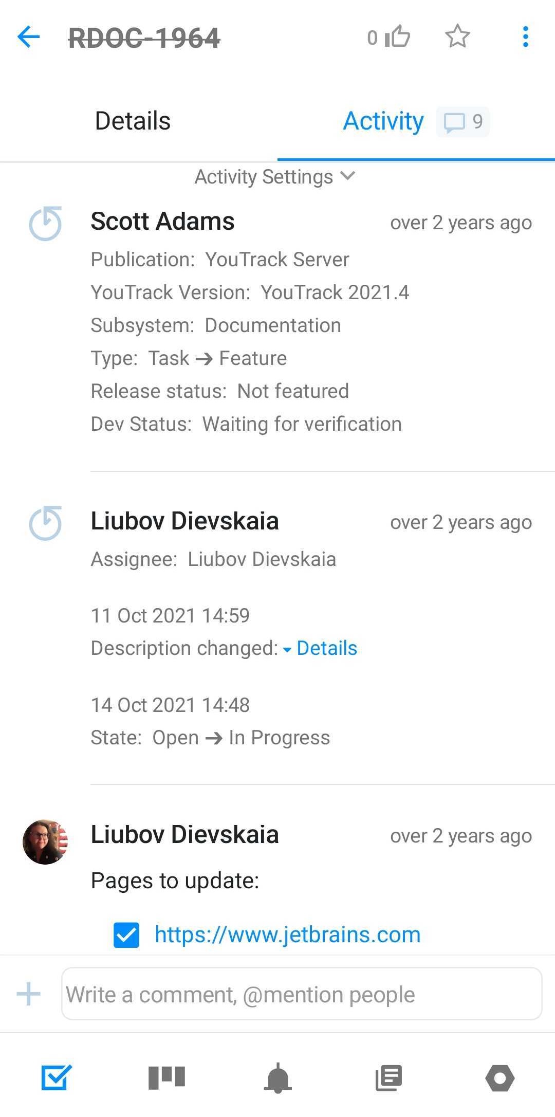 Activity tab for single issue in YouTrack Mobile.