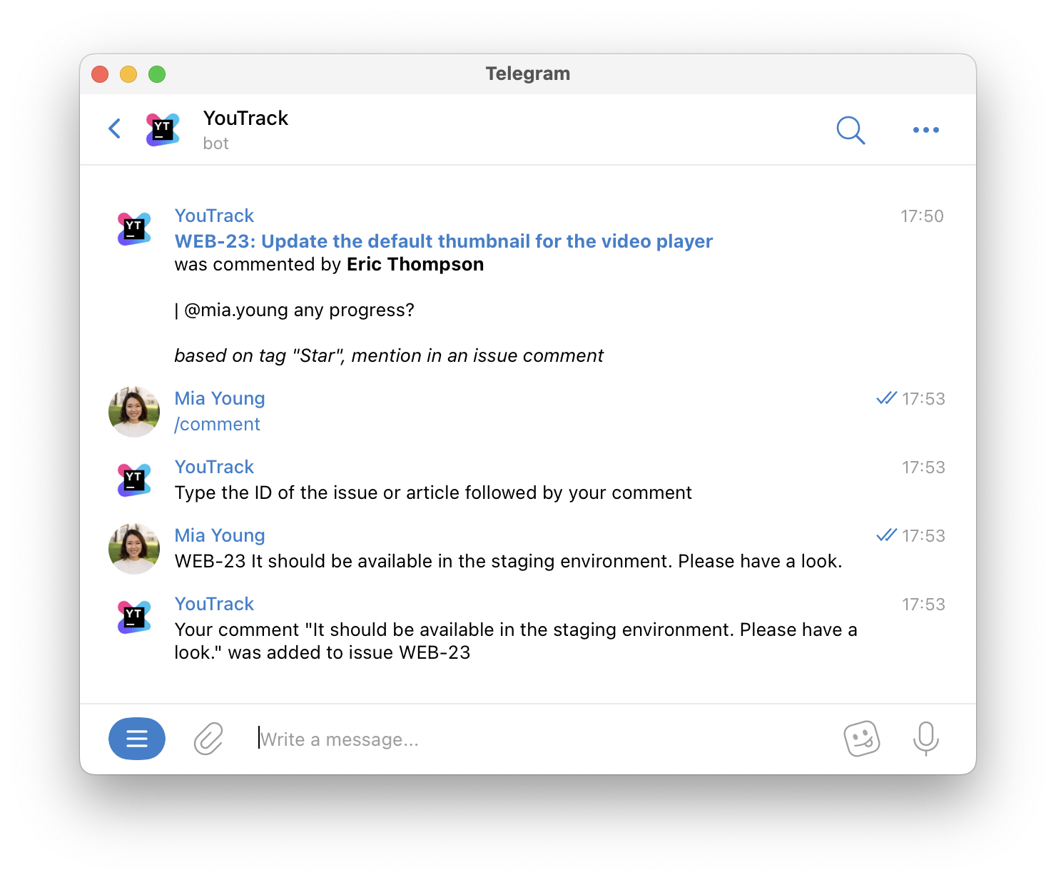 Adding a comment to a YouTrack issue in Telegram.