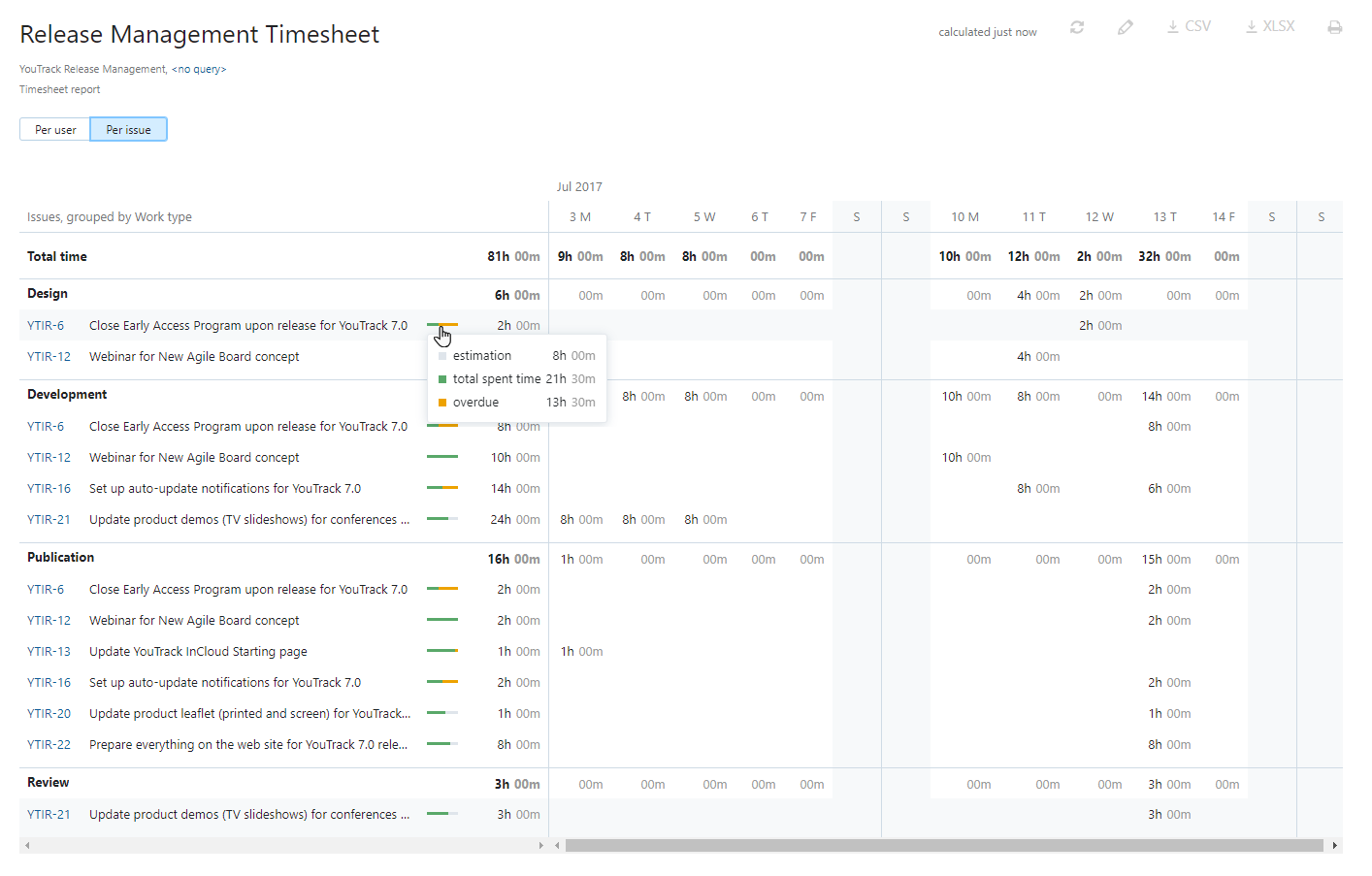 Timesheet report presentation per issue