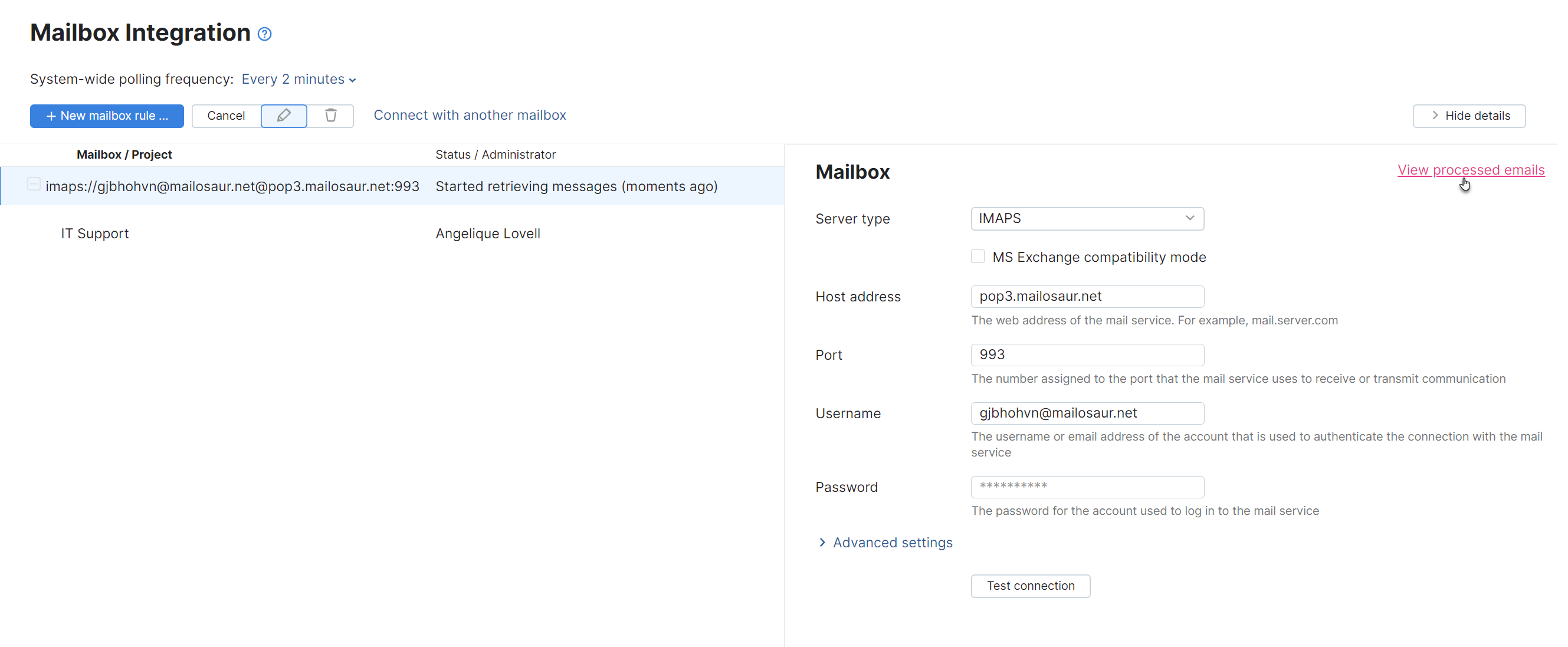 The link to view processed emails in an integrated mailbox.