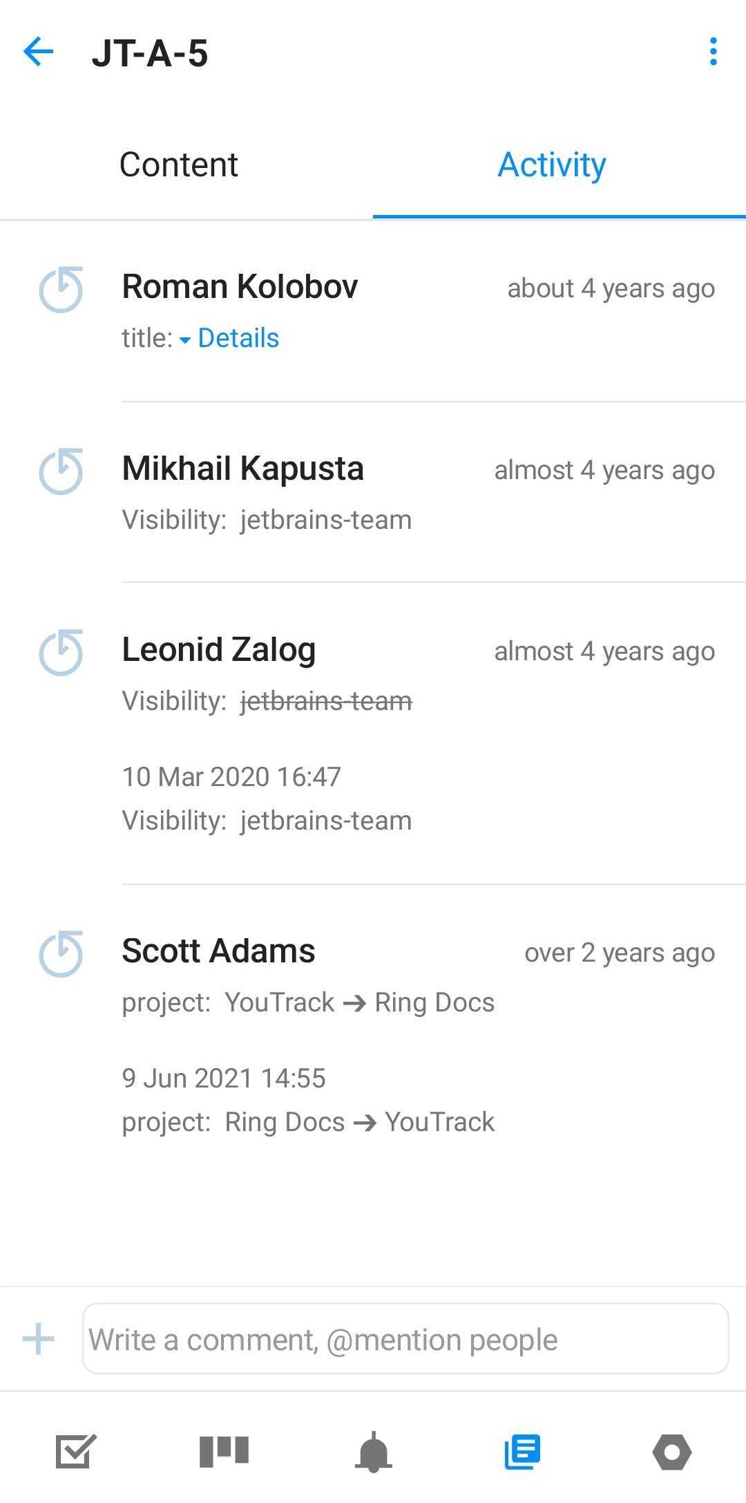 Article activity in YouTrack Mobile.