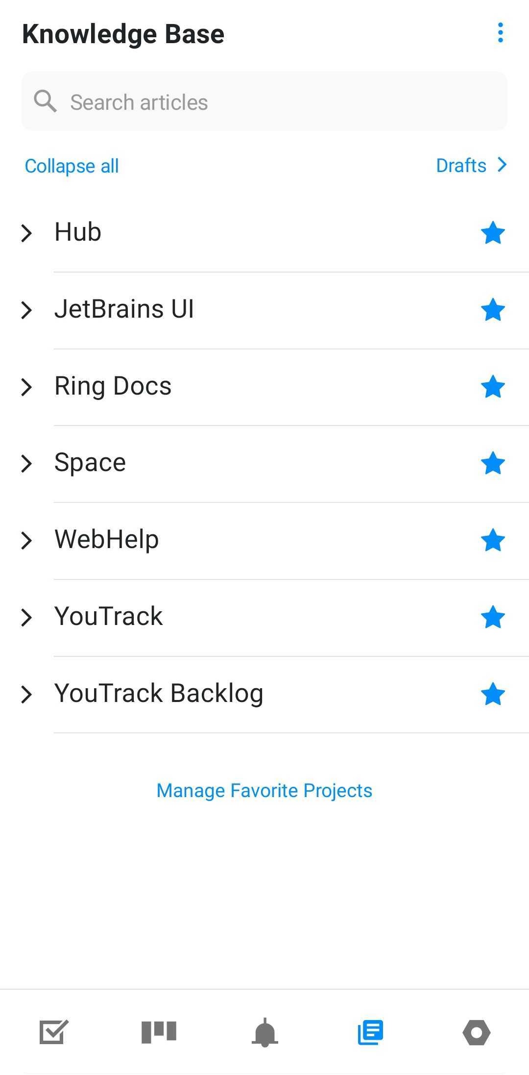 The knowledge base in YouTrack Mobile.