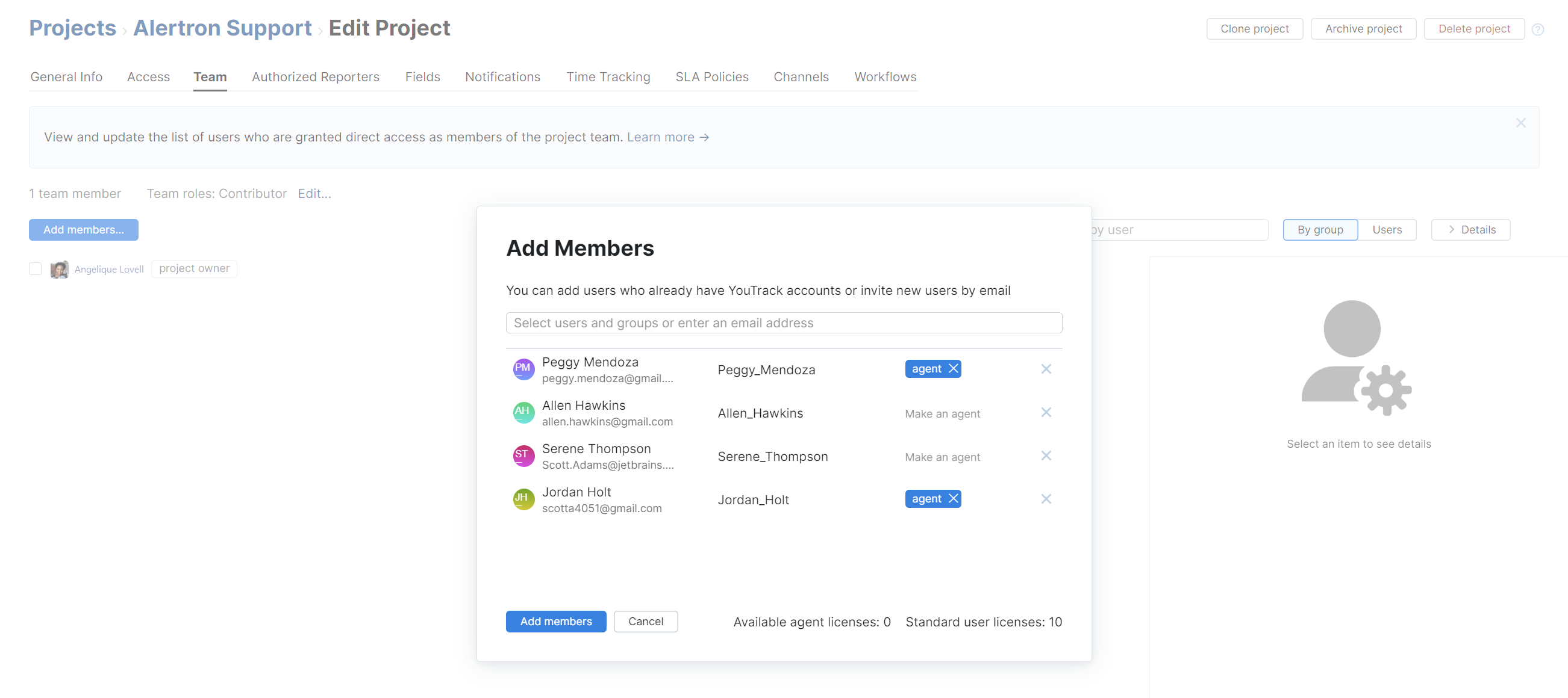 The dialog for adding members to a helpdesk project. The dialog for adding members to a helpdesk project.