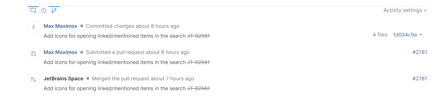References to pull requests in the activity stream of an issue. References to pull requests in the activity stream of an issue.