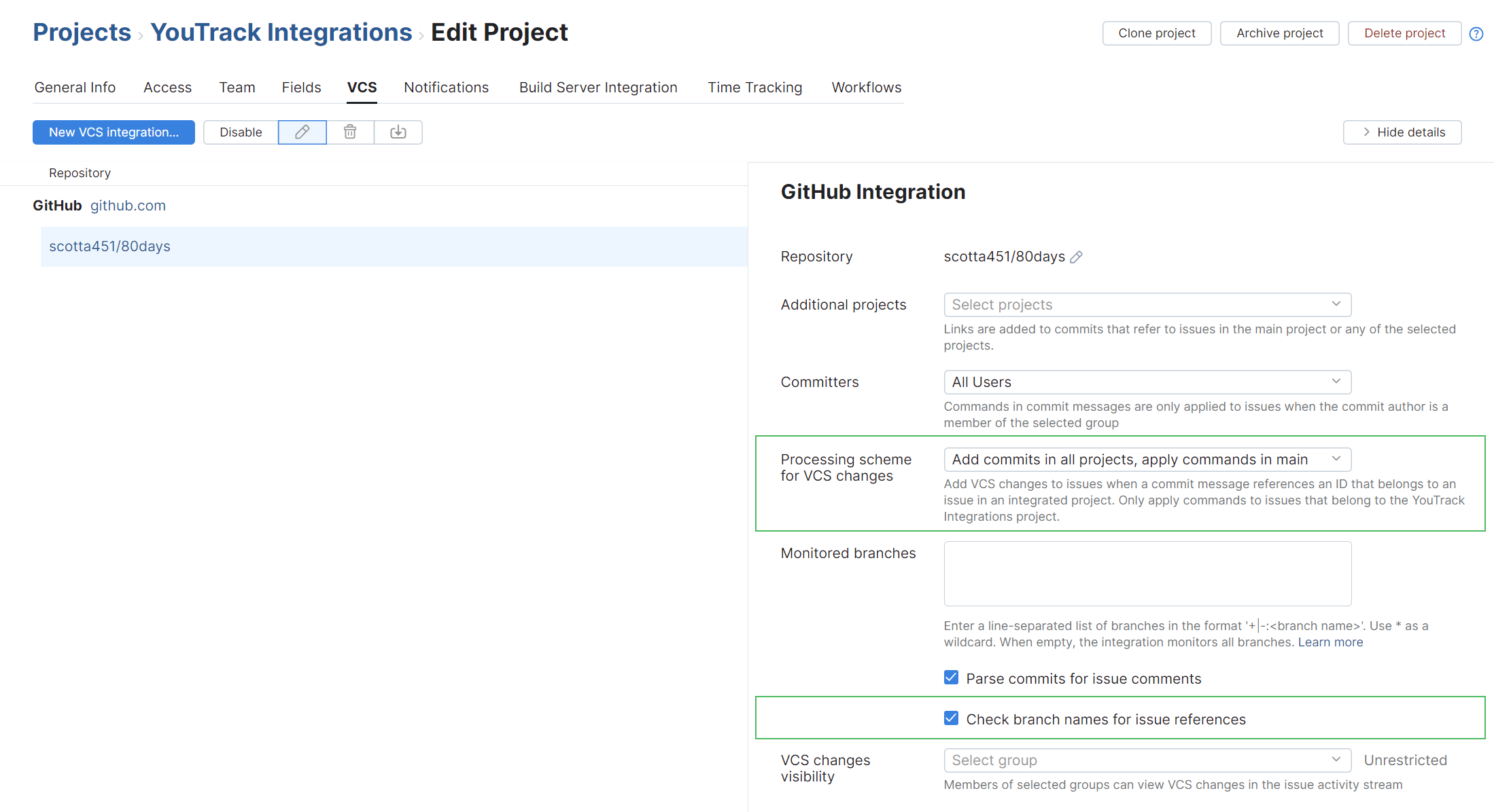 Settings for a VCS integration with GitHub. Settings for a VCS integration with GitHub.