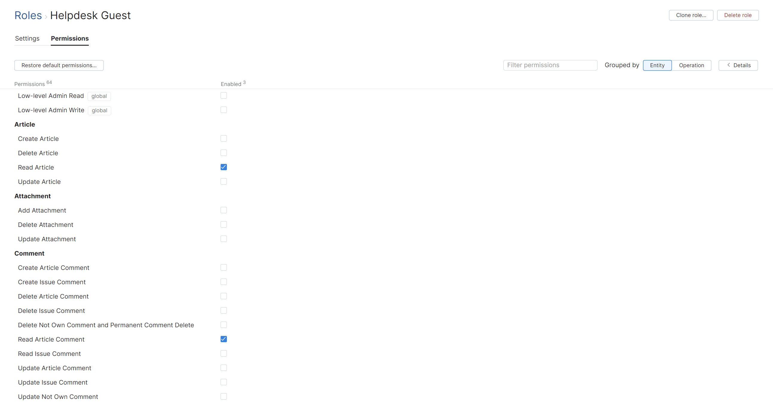 A custom role with permissions for granting access to public articles in a helpdesk project. A custom role with permissions for granting access to public articles in a helpdesk project.