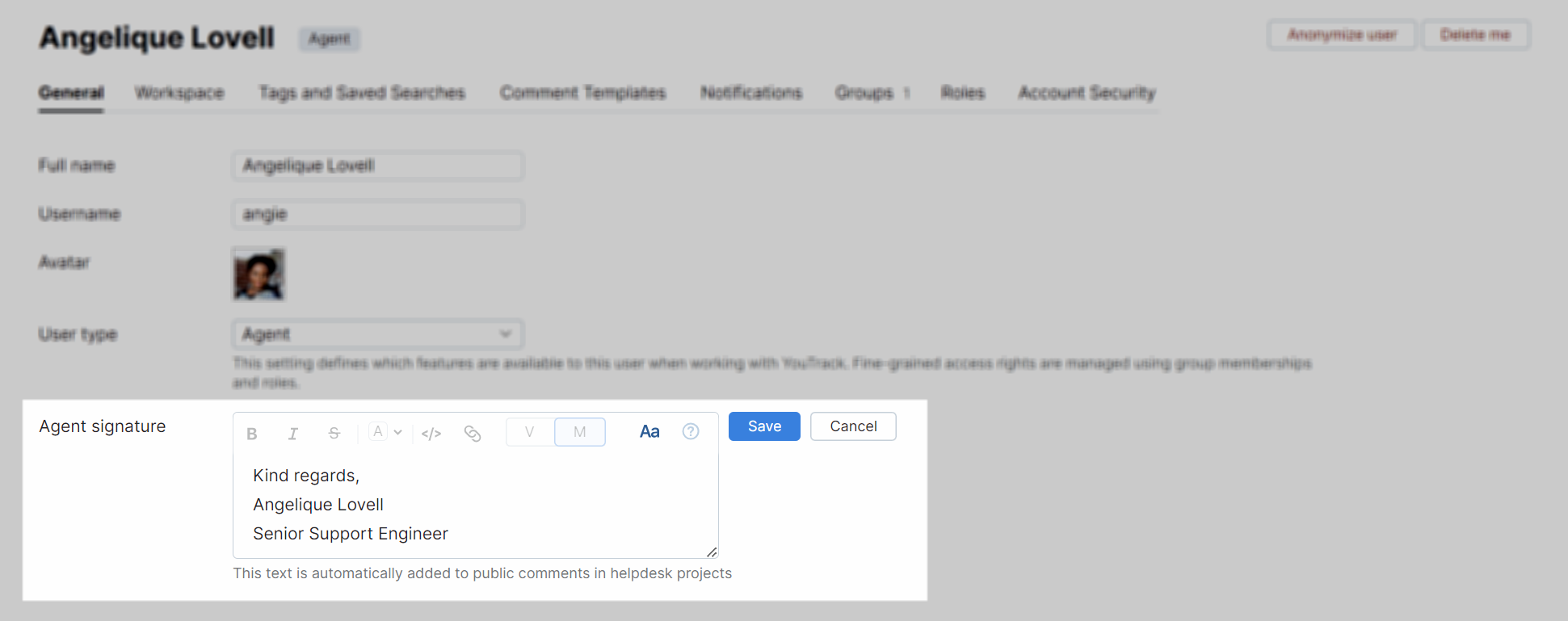 The setting for storing an agent signature in a YouTrack profile. The setting for storing an agent signature in a YouTrack profile.