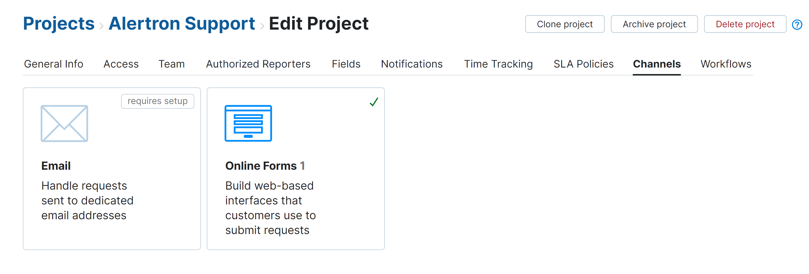 The Channels tab in the helpdesk project settings. The Channels tab in the helpdesk project settings.